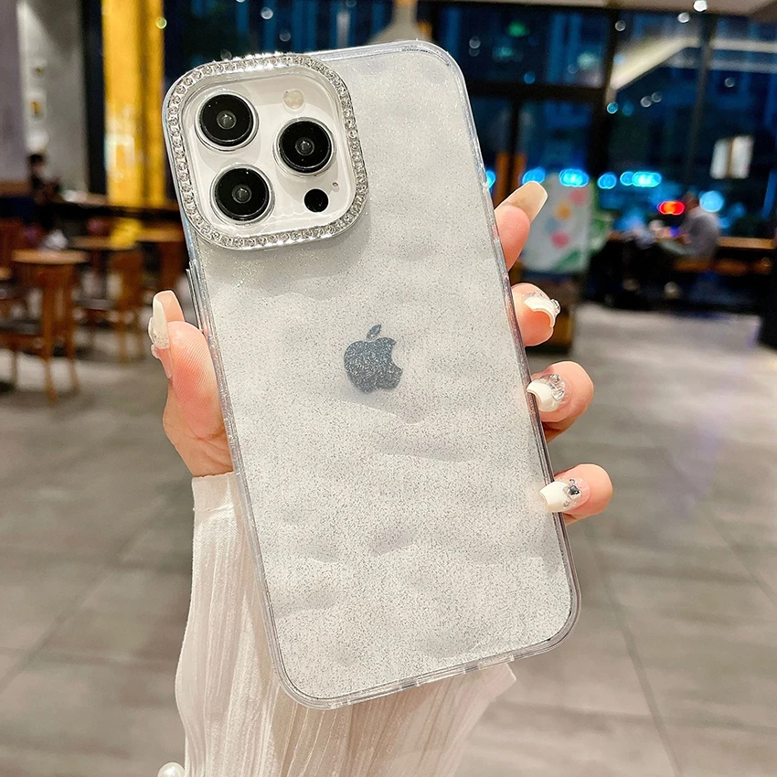 Casing ponsel berkilau untuk iPhone 16 15 14 13 Pro 12 11 Max Plus 16Pro bingkai lensa berlian imitasi casing ponsel mewah penutup cangkang lembut.