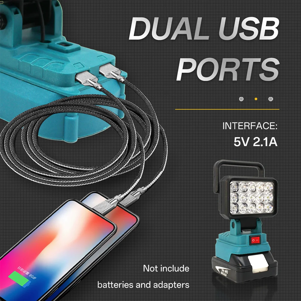 15 LED Car Work Light Flashlight Torch USB Power Bank For Makita For DeWalt For Bosch For Milwaukee  Li-ion Battery Lamp