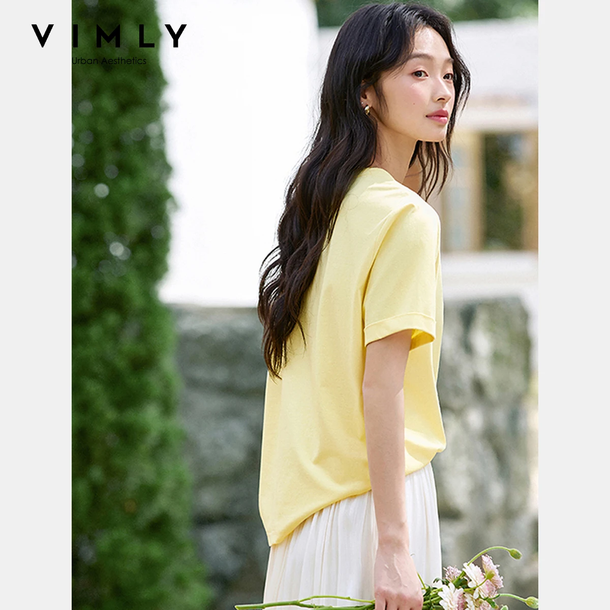 VIMLY Summer Yellow Short Sleeve T-shirt Woman 2025 Fashion Handmade 3D Floral Round Neck Cotton T Shirts Women Clothing A1519