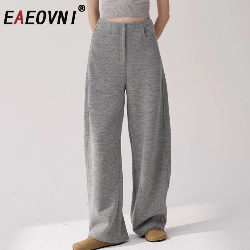 EAEOVNI Minimalistische effen kleur lange broek dames hoge taille casual losse wijde pijpen broek mode 2026 nieuwe kleding