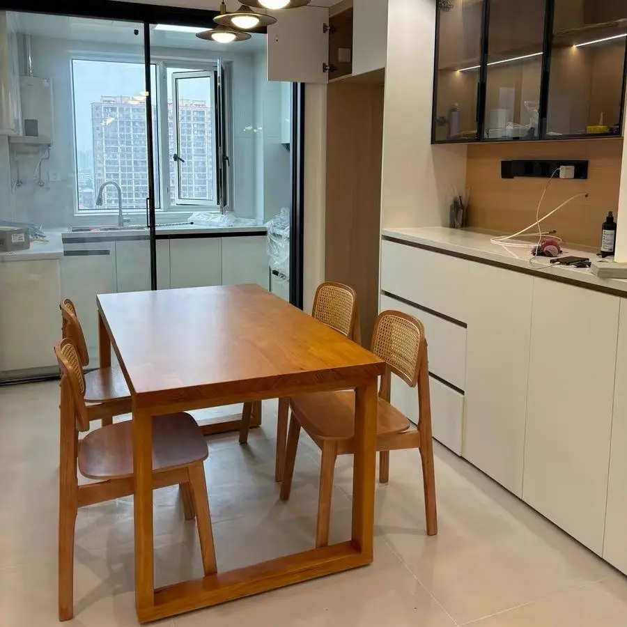 Solid wood dining table log writing table rectangular household dining table living room desk integrated log table