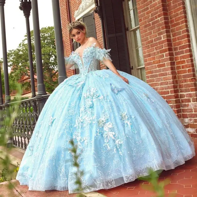 

Customized Sky Blue Elegant Off-shoulder Quinceanera Dresses 3D Flower Party Dress Shiny Applique 16 Vestidos De 15 Años