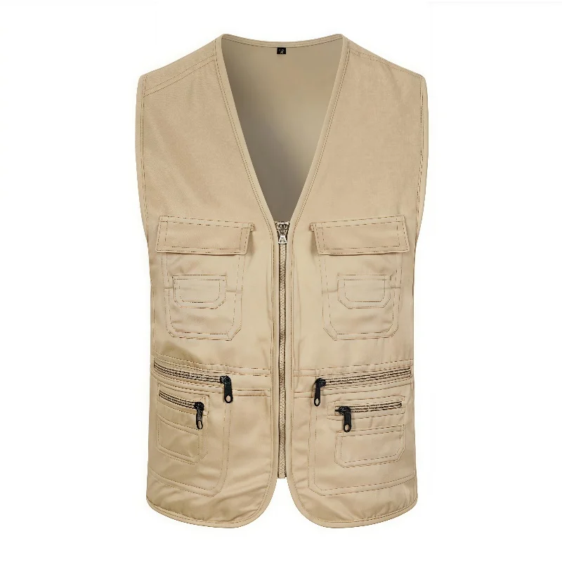 Work Clothes Vest Multi-pocket Solid Color Casual Sleeveless Zipper Working Clothing V Neck Volunteer Vest for Fishing