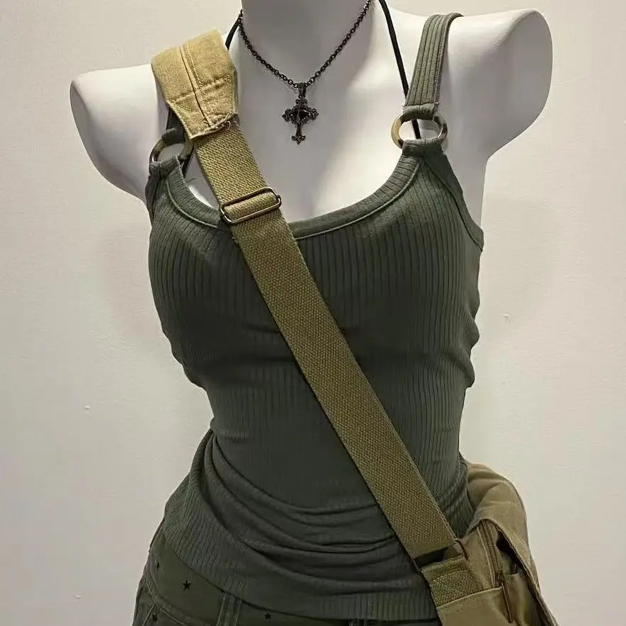 

American Retro Green Camisole Top Summer Chic Niche Slim Fit All Match Spicy Girl High Street Simple Tank Top Women Y2k Top