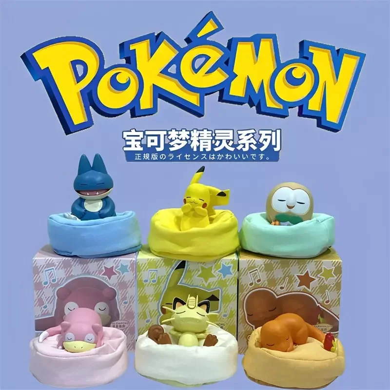 

New 6 Styles Kawaii Sleeping Pokemon Anime Figures Pikachu Munchlax Slowpoke Rowlet Meowth Charmander PVC Toys for Home Decor