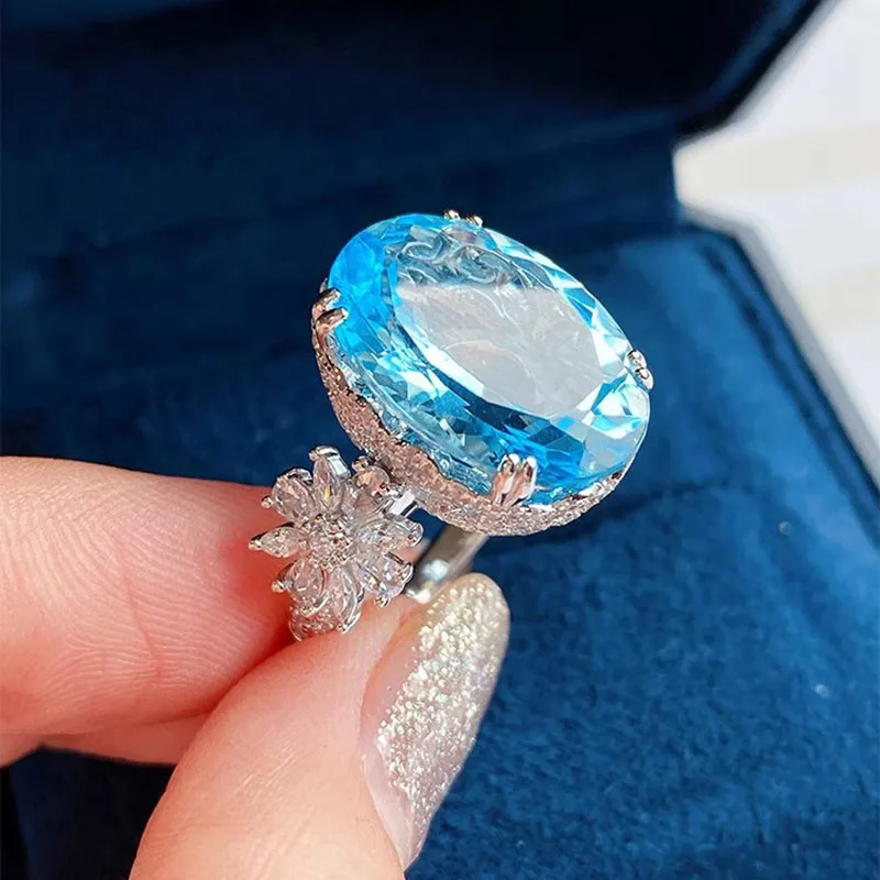 Exquisite Elegant 12 Carat Aquamarine Gemstone Engagement Rings For Women Wedding Anniversary Birthday Party Ring Gifts