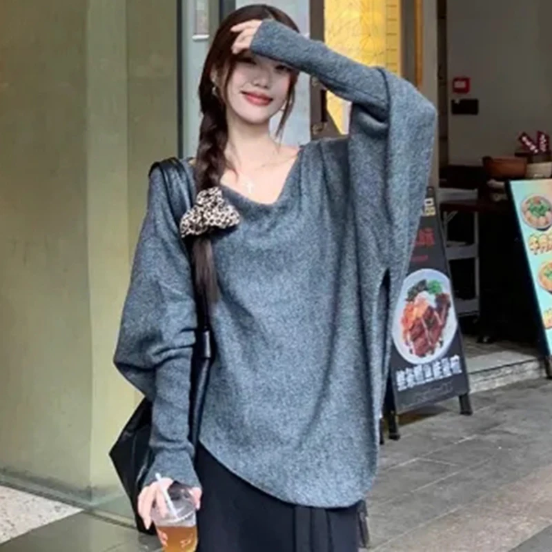 

Корейский уличный свободный вязаный свитер, женский свитер с длинным рукавом, весна-осень, ленивый пуловер, нерегулярный пуловер с крыльями летучей мыши, Harajuku Y2K, повседневный модный топ