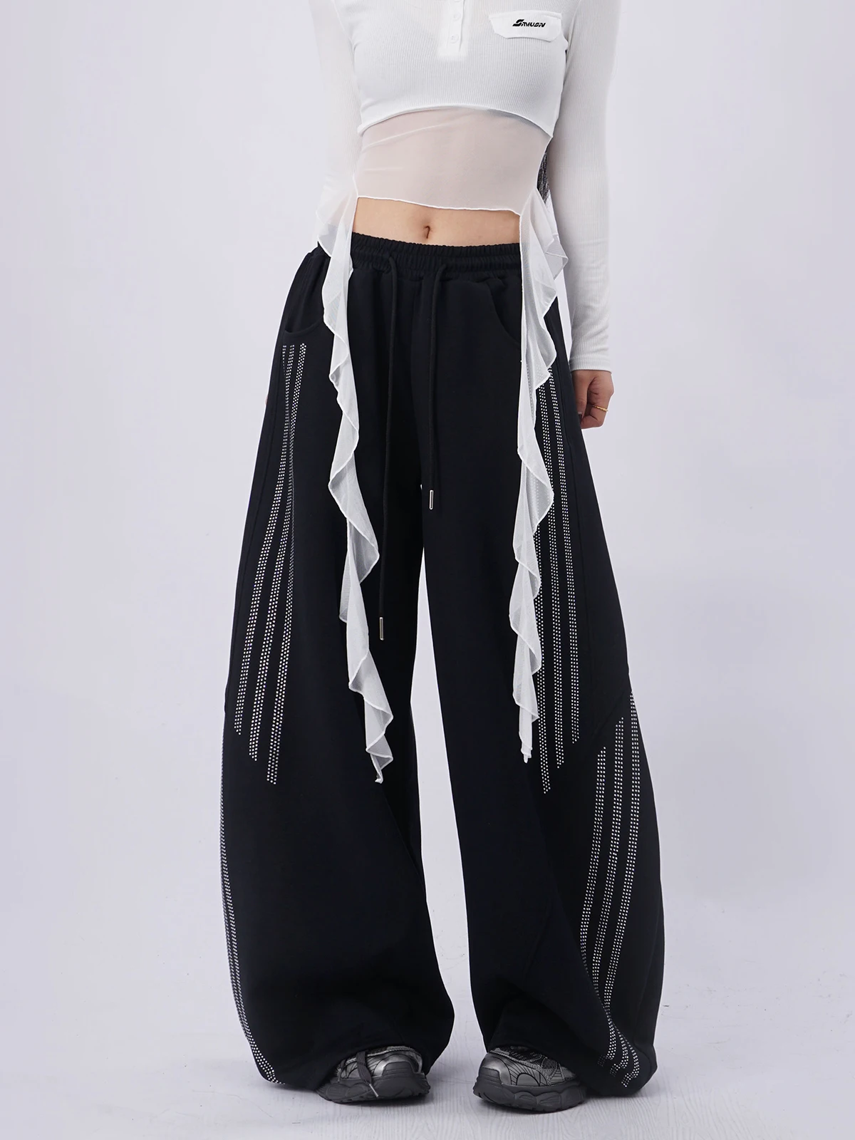 Shimmery Diamond Three Bars Black Square Dance Hip Hop Workwear Sports Pants Low Waist Loose Fit Casual Trousers for Women