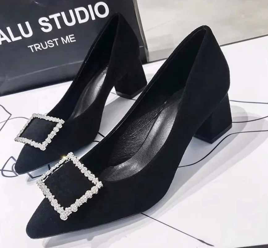 Black Office Super High Heel Block Buckle Square Heels Pointed Toe Woman Footwear Shoes for Women Shoe E on Promotion L Quality