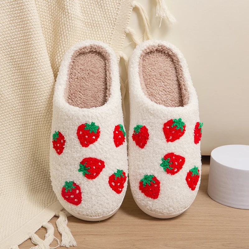 Strawberry Women's Slippers House Flat Winter Designer Woman Shoes Couple Indoor Fluffy Slides Non-Slip Floor Soft Sole Big Size