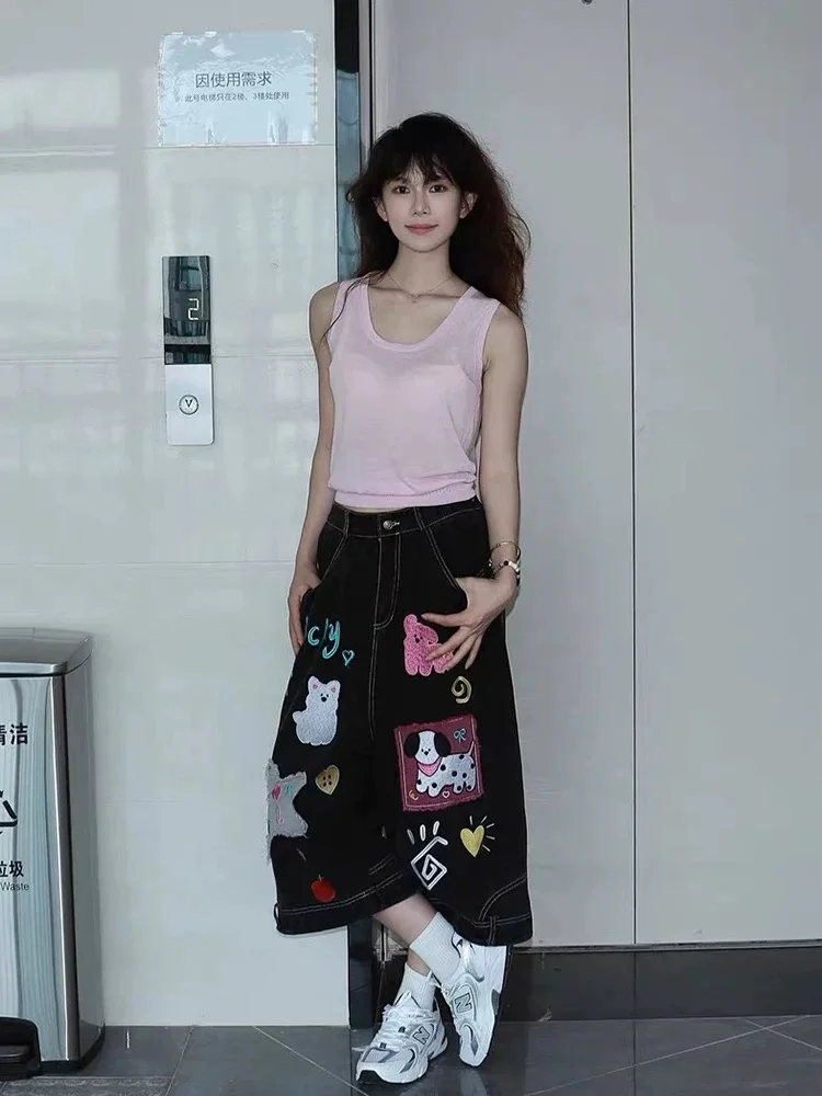 

HOUZHOU Black Cartoon Patchwork Embroidered Women Jorts Y2k Harajuku Wide Leg Japanese Fashion Jeans Baggy Grunge Streetwear