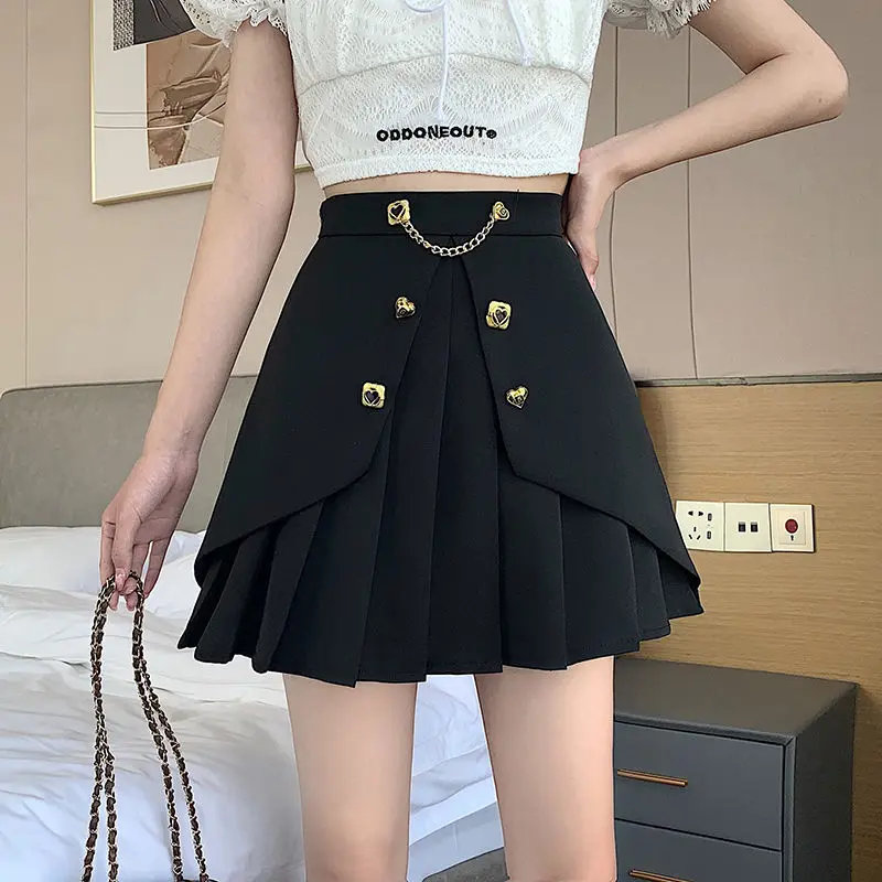 Spring Summer Solid Chain Slim Pleated Skirt Woman 2023 New Fashion Party Streetwear A-line Black White High Waist Mini Skirts