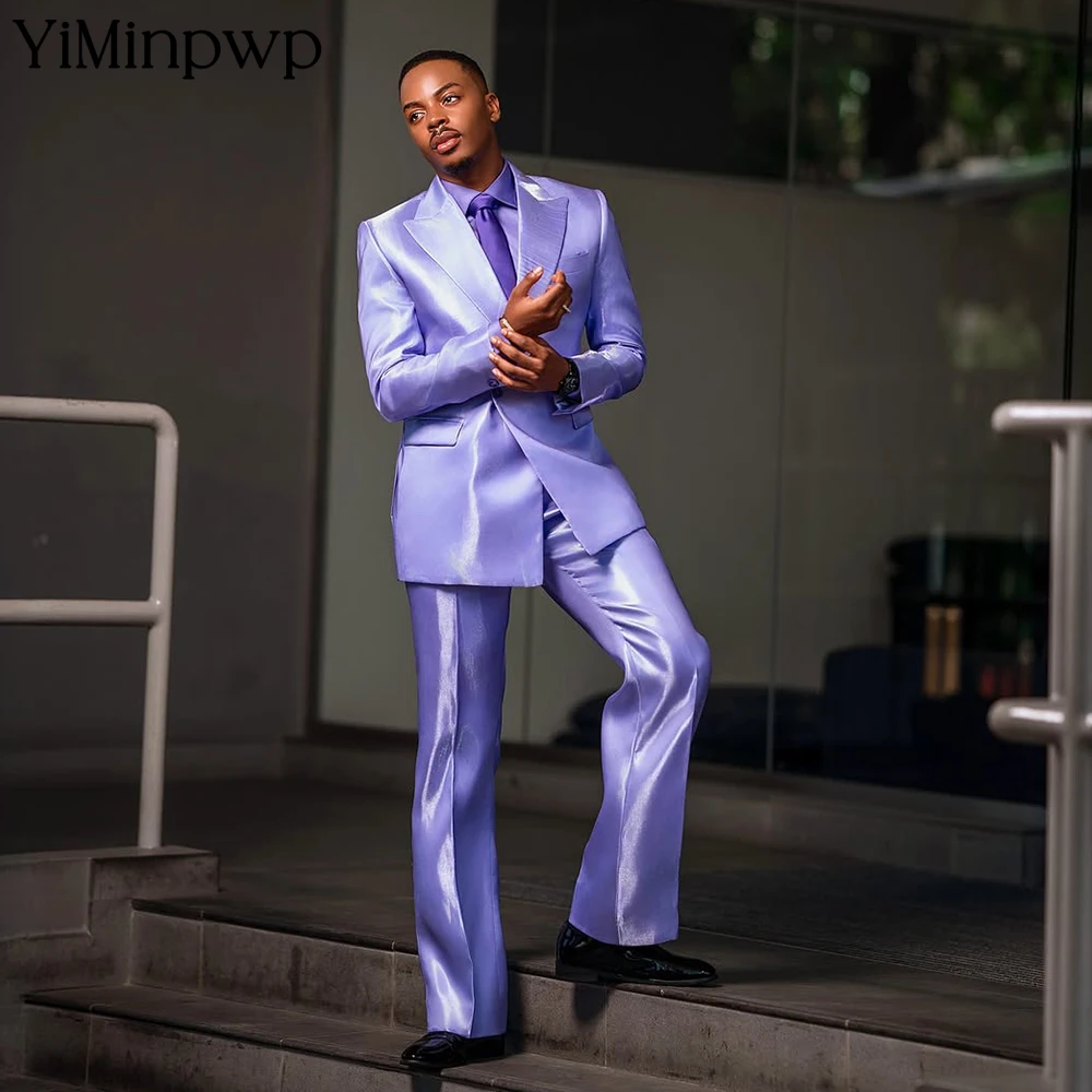 

YiMinpwp Trendy Lavender Men's Suits 2 Piece Satin Shawl Lapel One Button Slim Fit Wedding Groom Evening Tuxedo Set XS-5XL