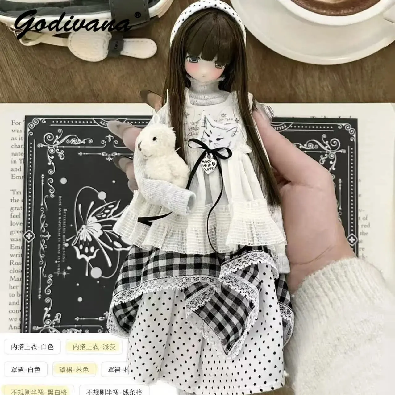 OB22 Blything Azone BJD Doll Clothes Set Japanese Vintage Layered Outfit Sweater Apron Plaid Polka Dot Skirt 1/8 Doll Outfit