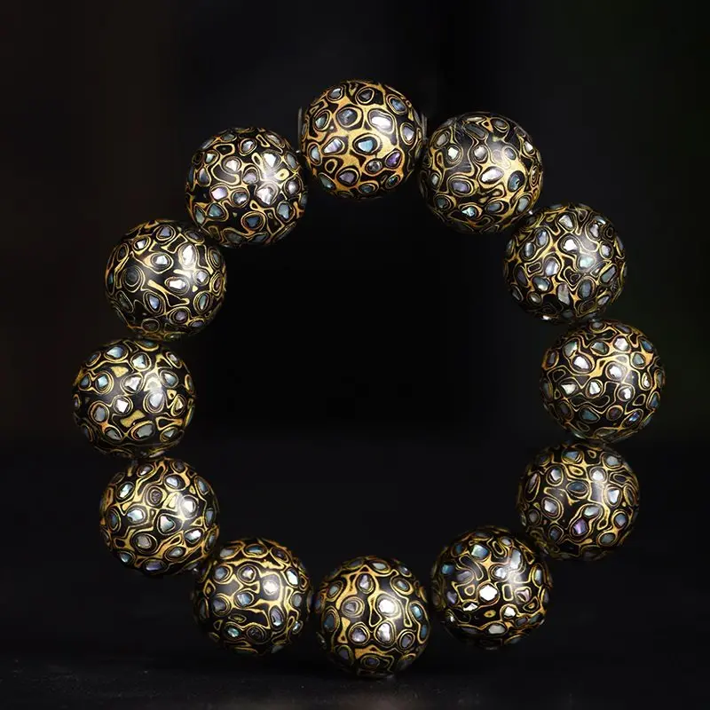 Chinese Lacquer Black Gold Mother of Pearl Beaded Bracelet Corrugated Lacquerware Prayer Beads for Men and Women Gifts