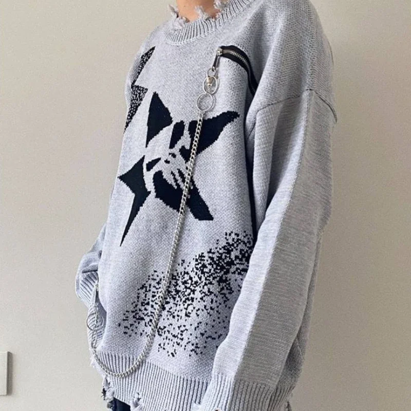 Punk Gothic Y2k Clothes Star Jacquard Chain Hollow Out Hole Autumn Winter Knitted Sweaters Harajuku Vintage Women Pullovers 2022