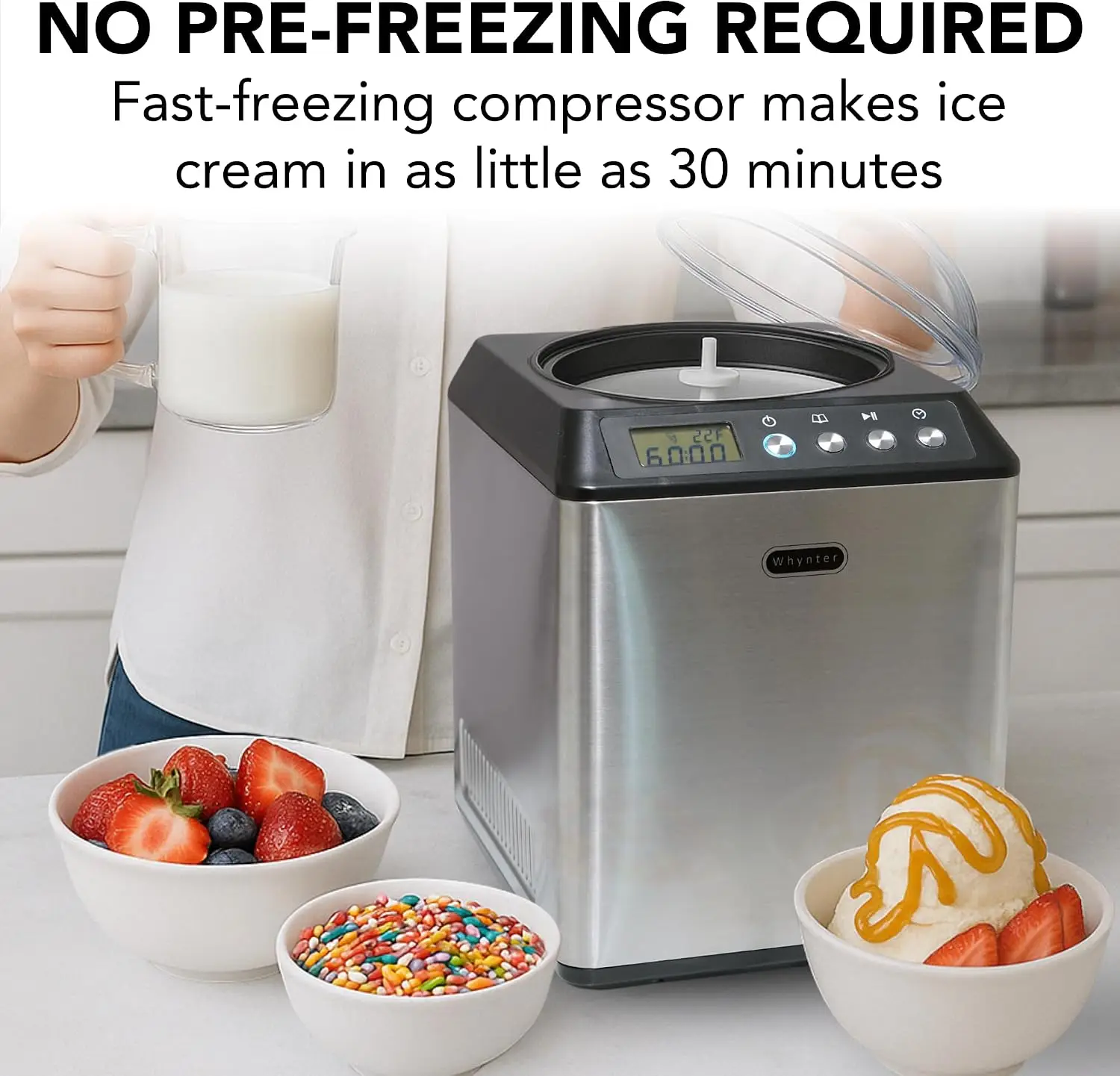Ice Cream Maker Automatic 21 Qt Upright Built In Compressor LCD Digital Display Timer No Pre Freezing ICM 201SB Stainless Steel