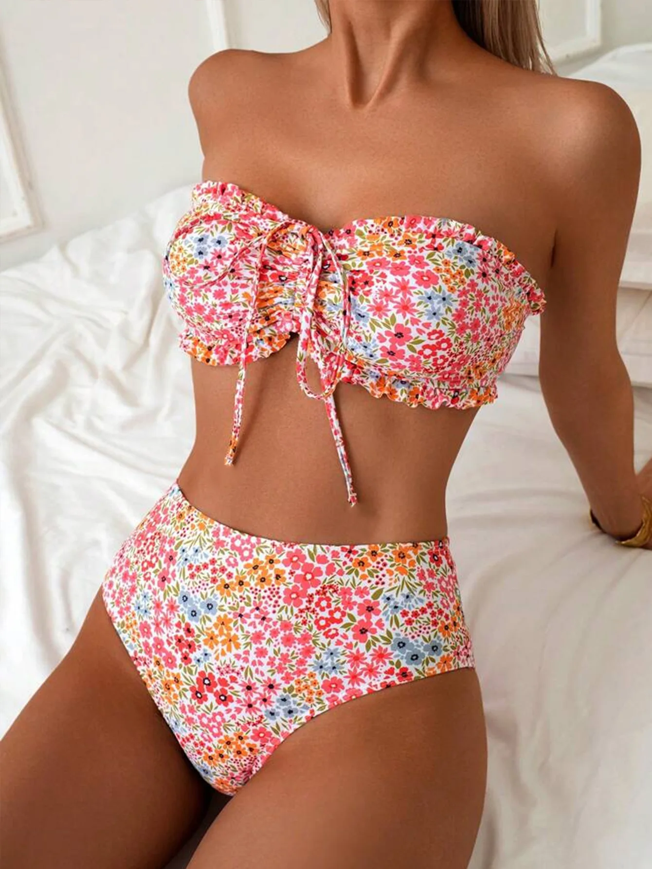 Vintage Pink Floral Print Bikini 2025 Women Pleate Ruffles Push Up High Waist Swimsuit Summer Bathing Suit Pool 2 Piece Swimwear