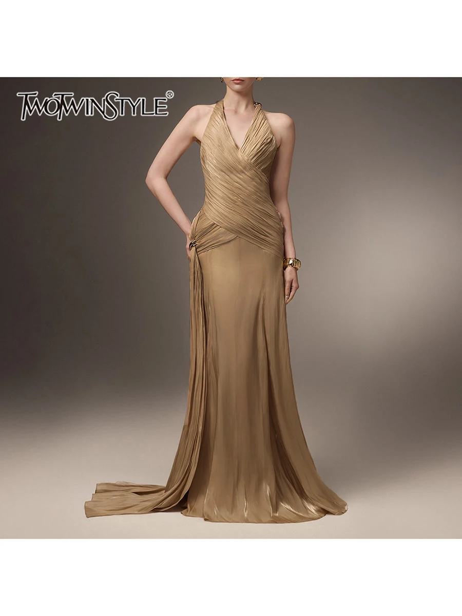 

TWOTWINSTYLE Solid Spliced Folds Slimming Dresses For Women V Neck Sleeveless High Waist Temperament Dress Female Fashion Style