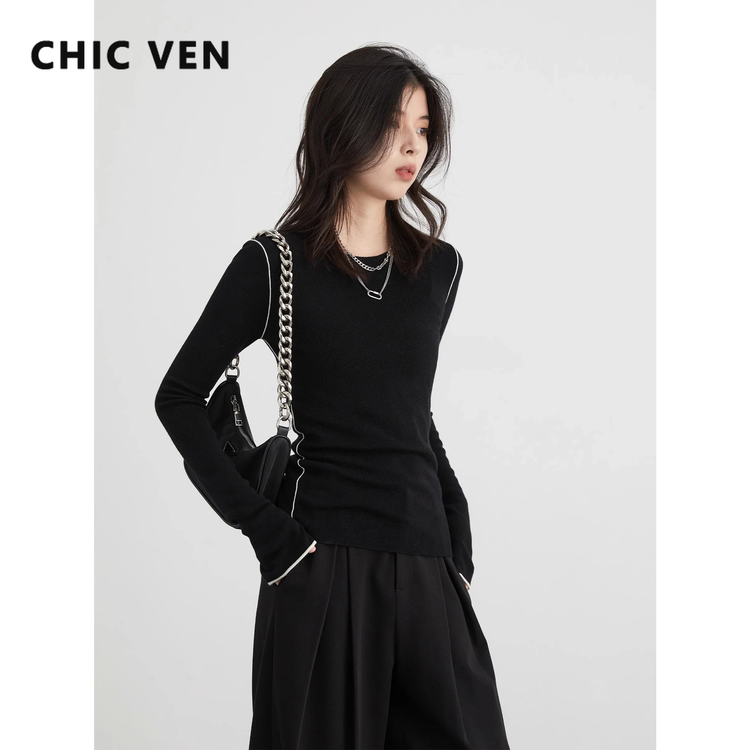 CHIC VEN Women Pullovers Round Neck Long Sleeved Slim Fit Wool Knitted Sweater Basic Female Top Spring Autumn 2024