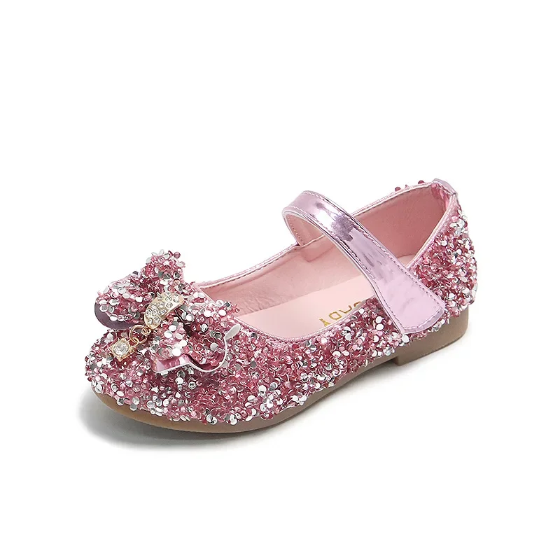 Children Leather Shoes For Girls Toddlers Big Kids Dress Shoes For Wedding Party Glitter Sequined Fabric With Bow-knot Mary Jane