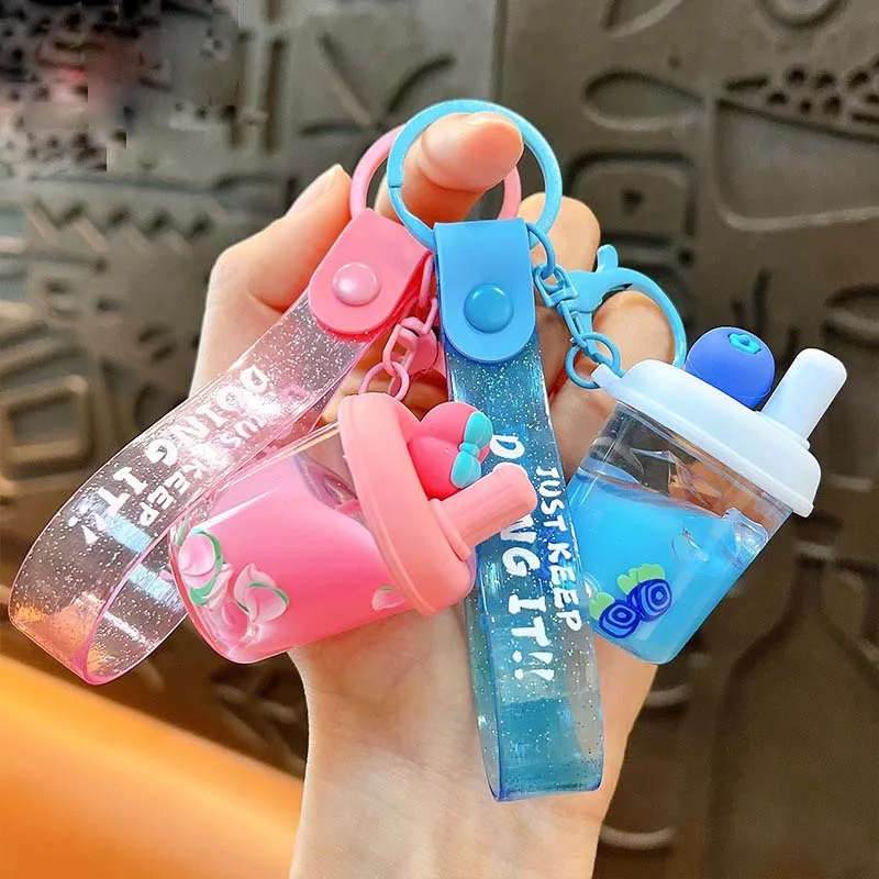 Creative Acrylic Into Oil Fruit Milk Tea Cup Liquid Keychain Cartoon Peach Grape Watermelon Floating Quicksand Pendant Keyring