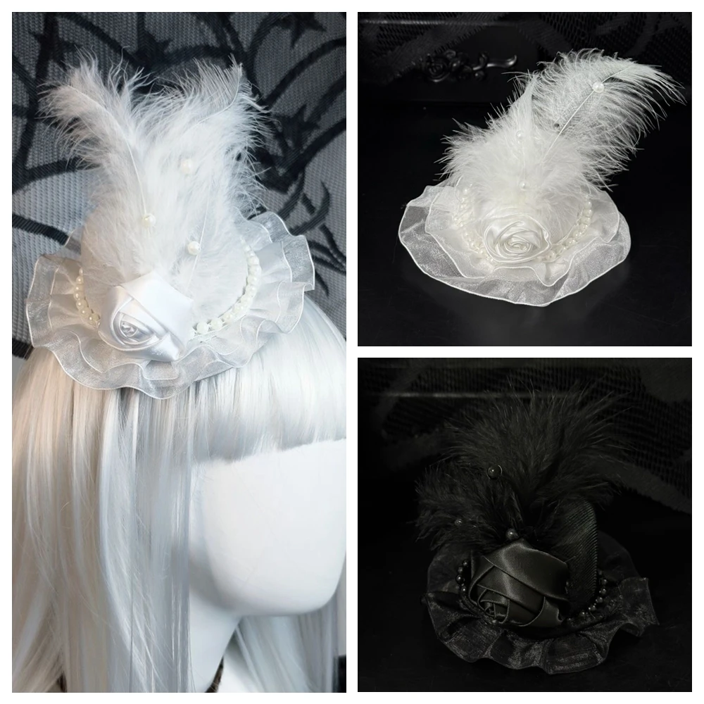 

White Angel Lolita Feather Mini Top Hat With Fake Pearls Rose Cosplay Accessories Handmade Headpin Hair Clips Pins Hairpin