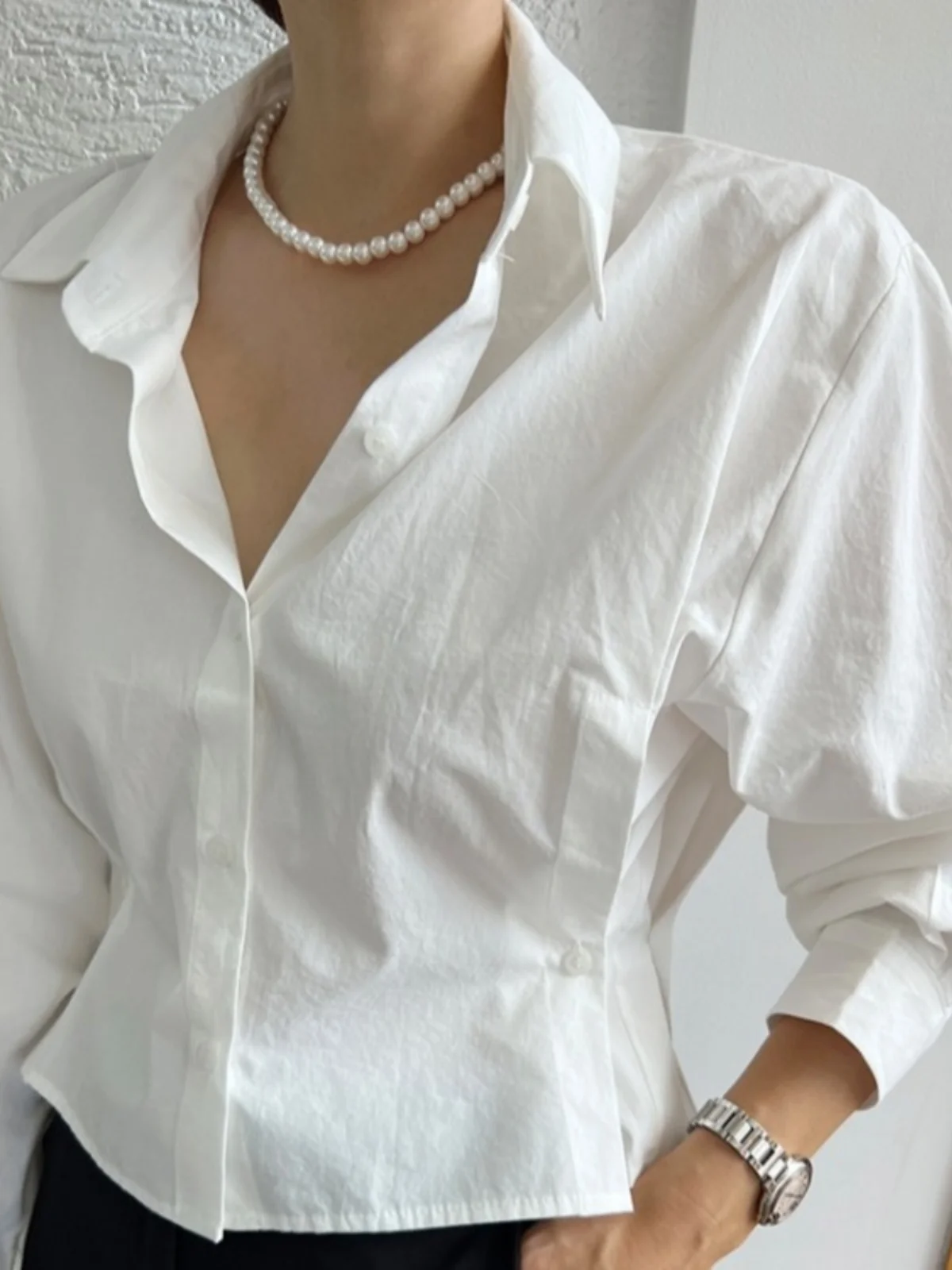 

White Women's irt Waist-Cinching Single-Button Versatile Ele Early Autumn New Sle Top Korean Sle Slim Fit Long Sve