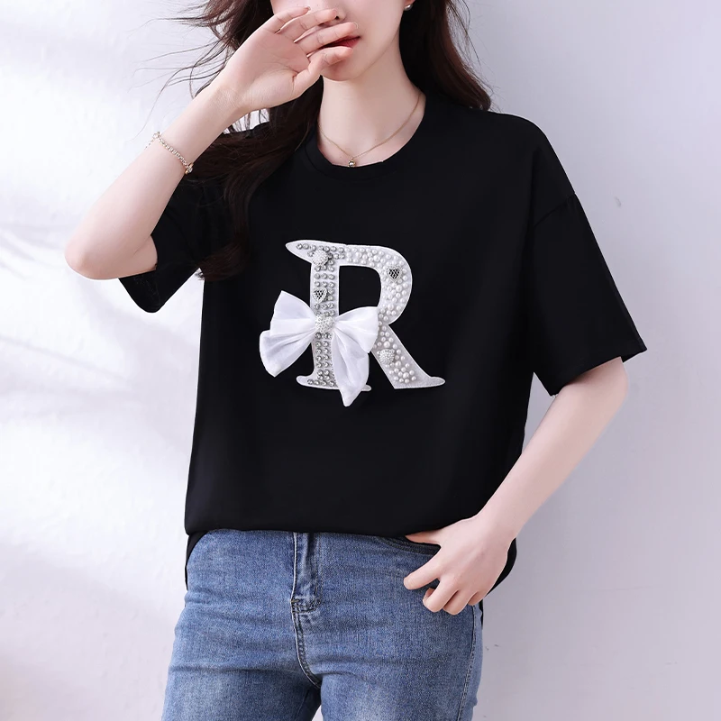 #2892 Summer Black T Shirt Women Short Sleeve Loose Diamonds Pearls Patchwork O-neck Streetwear Tshirt Short Sleeve France Style