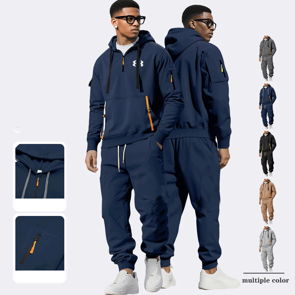 

Мужской весенне-осенний модный комплект высококачественной толстовки с капюшоном 2025, толстовка с несколькими карманами на молнии, свободный повседневный комплект, спортивный модный принт