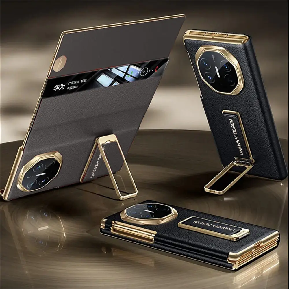 

Genuine Cowhide Leather Double Hinge Protective Case for Huawei Mate XT Wristband Bracket Cover