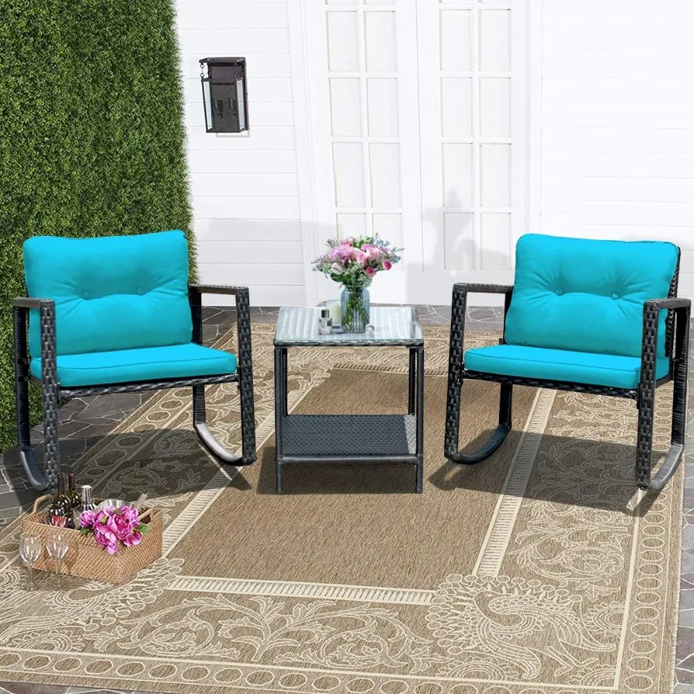 3 Pieces Patio Wicker Rocking Bistro Set, Outdoor Rocking Chair Furniture Set w/Cushioned Seat, Conversation Set w/Glas