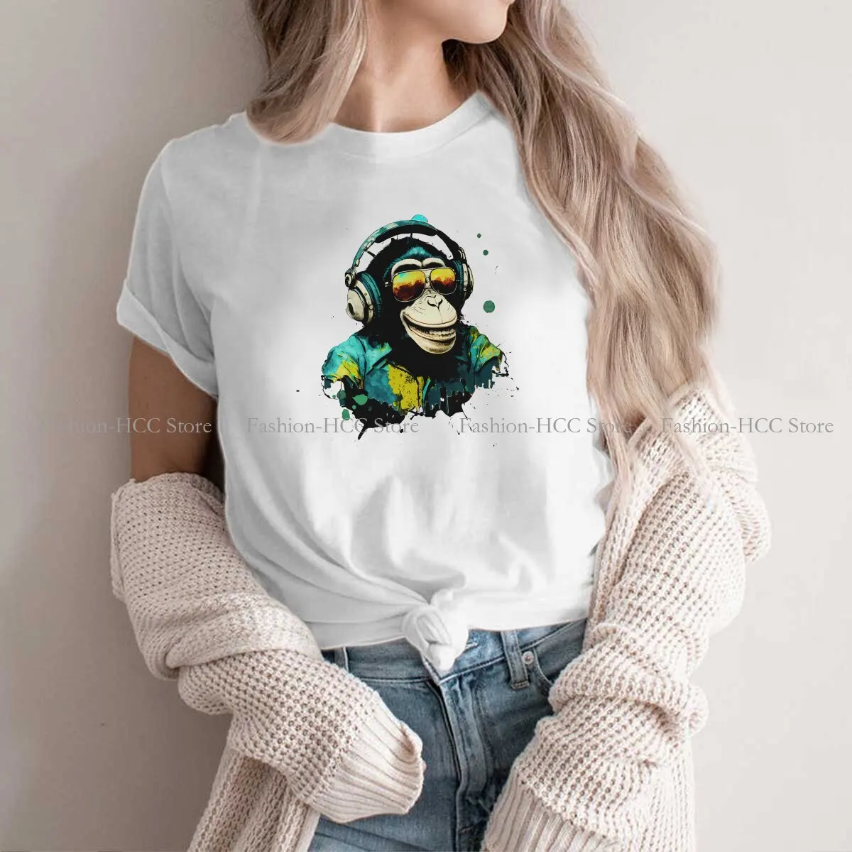 Monkey Business Polyester TShirts Graffiti Dj Print Women's T Shirt New Trend Tops