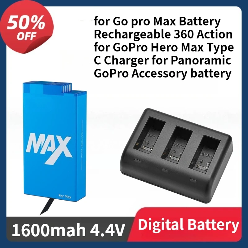 For Go Pro Max Battery Rechargeable 360 Action for GoPro Hero Max Type C Charger for Panoramic Accessory + 1600mAh Battery