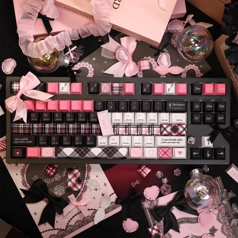 First Love Theme Keycap Set Black and Pink Color Matching Cherry Profile PBT Dye Sublimation Custom Mechanical Keyboard Keycaps