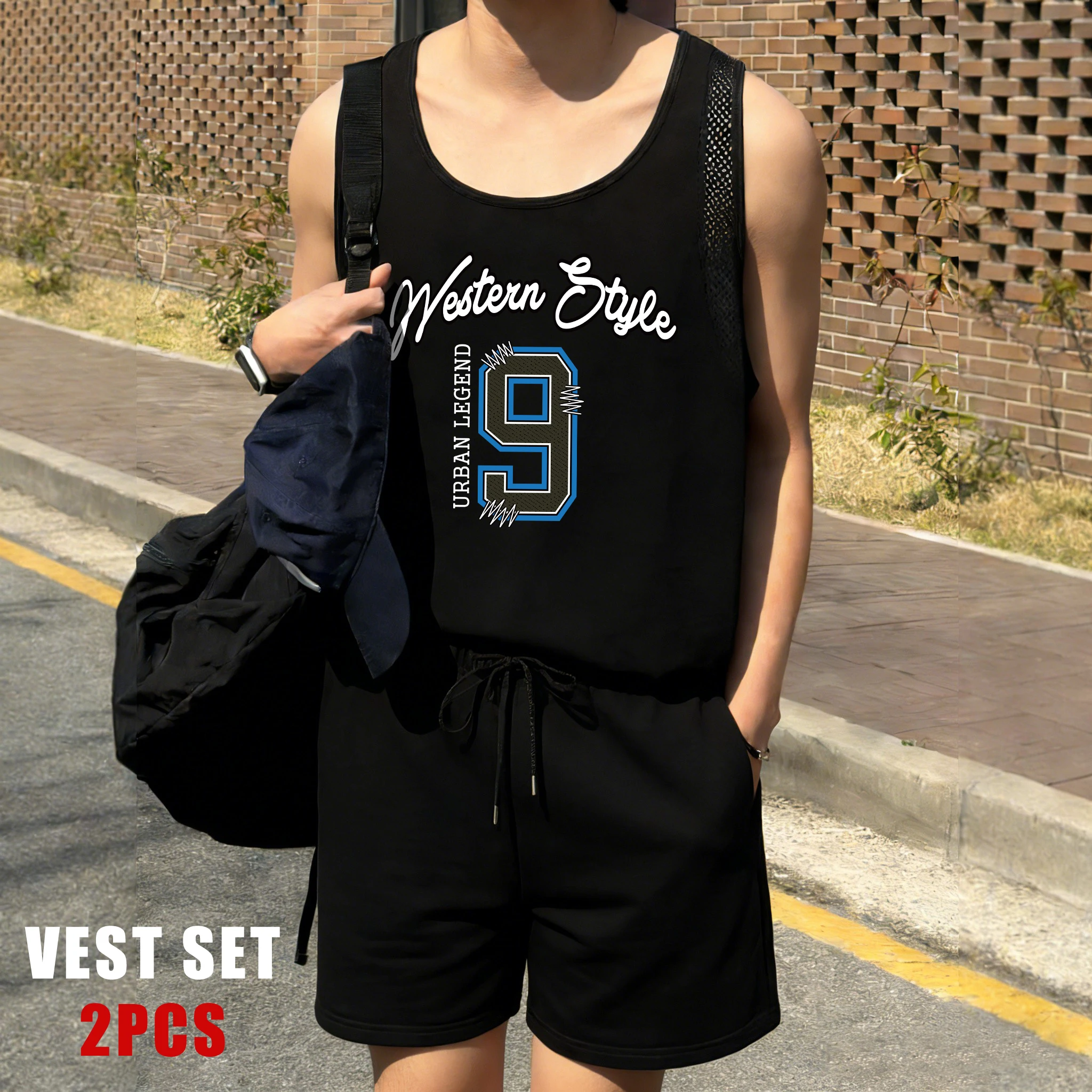 

New York Urban Legend Design Men Reticular Vests Set Fashion Drawstring Shorts Summer Sleeveless Tee Unisex Basics Sportsuit