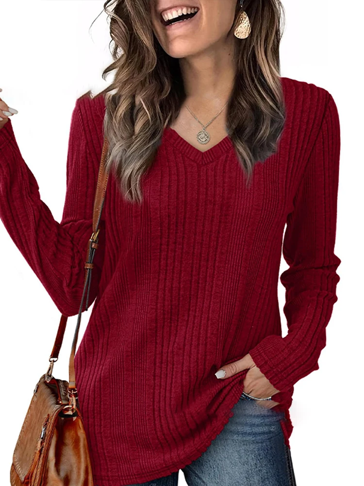 

Autumn Winter Simple V-neck Pullover Women Long Sleeved Button Knitted T-shirt Daily Casual Solid Colors Top