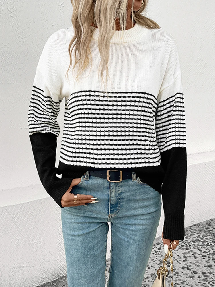 

JIM & NORA Elegant and Fashionable Women's Striped Round Neck Sweater Pullover 2023 Autumn Ladies Elastic Woolen Sweaters