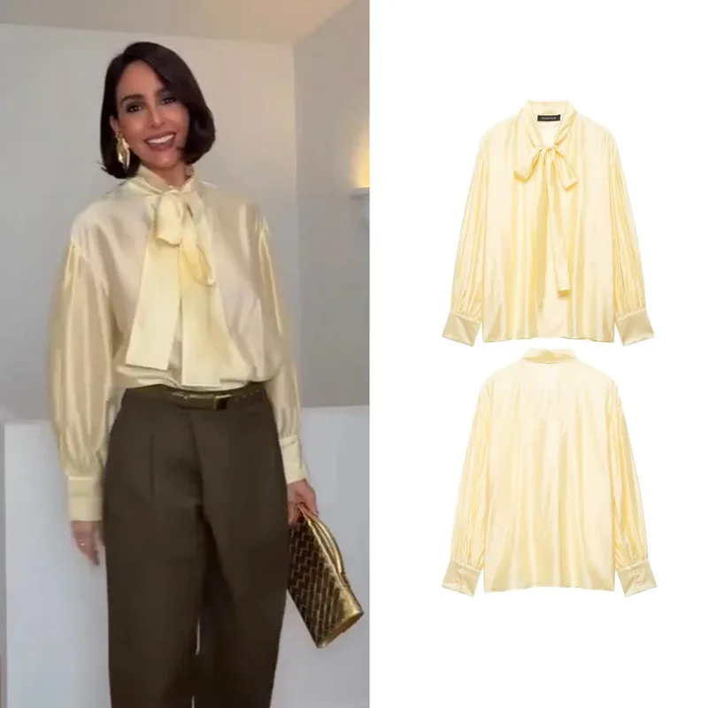 

Women's Trendy V-Neck Shiny Blouse Spring New Female Yellow Elegant Chic Bow Satin Shirts Lady Fashion Commute High Street Blous