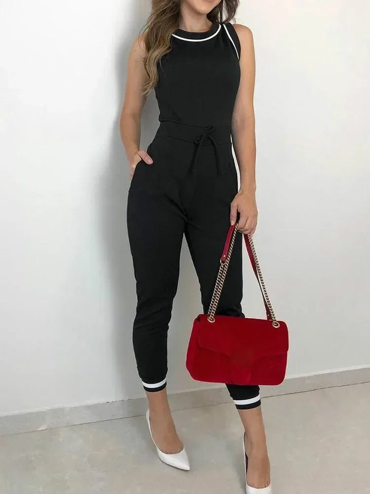 

Sleeveless Summer Jumpsuit Women Rompers Contrast Binding Tie Waist Casual Jumpsuit Overalls