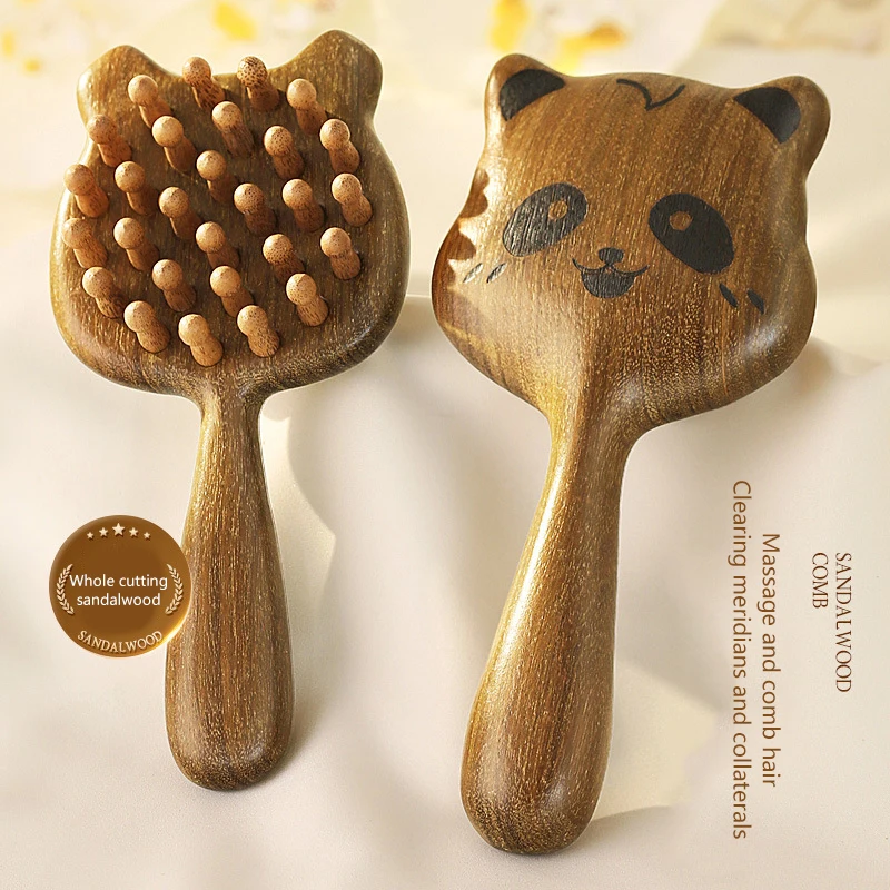 Cartoon Tiger Panda Sandalwood Massage Comb Meridian Blood Dredging Massage Care Scalp Anti-Hair Loss Hairdressing Tool 1Pc