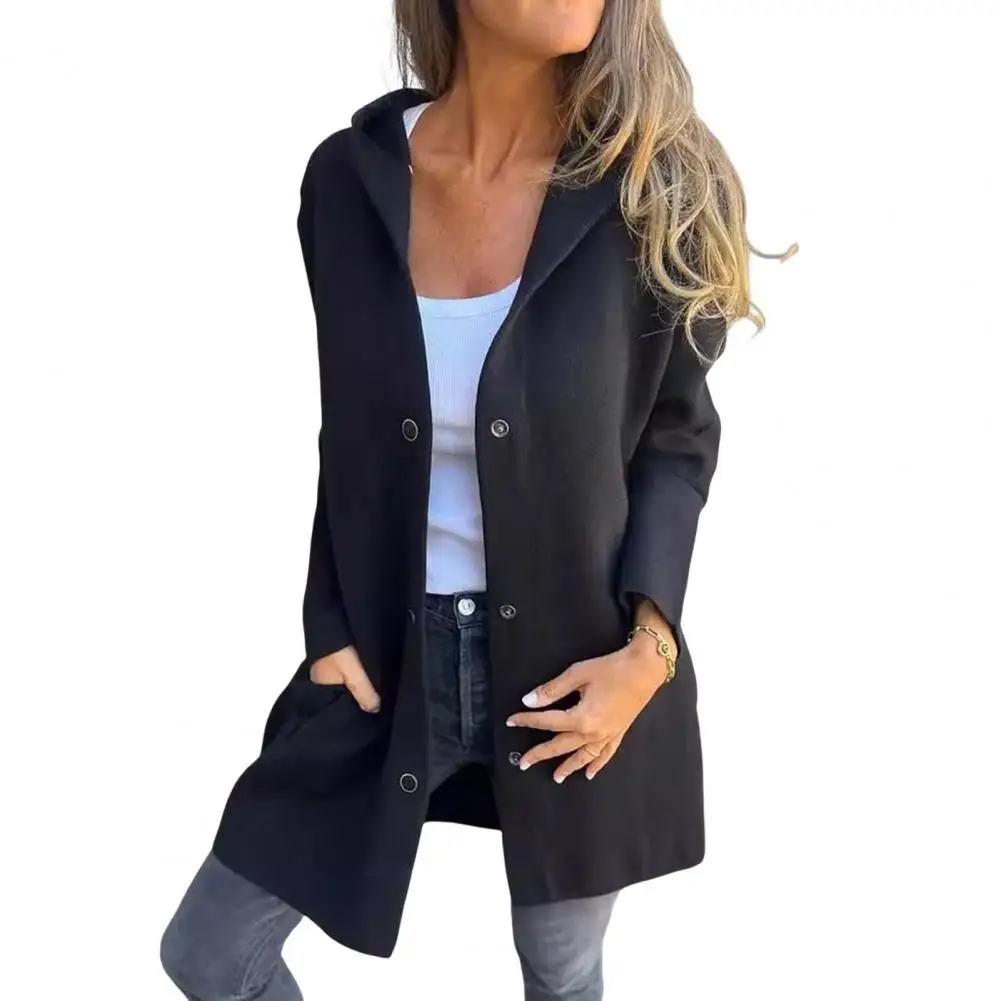 Casual Solid Color Straight Women\'s Jacket Women Coat Hooded Thick Pockets Loose Cardigan Mid Length Outdoor Overcoat