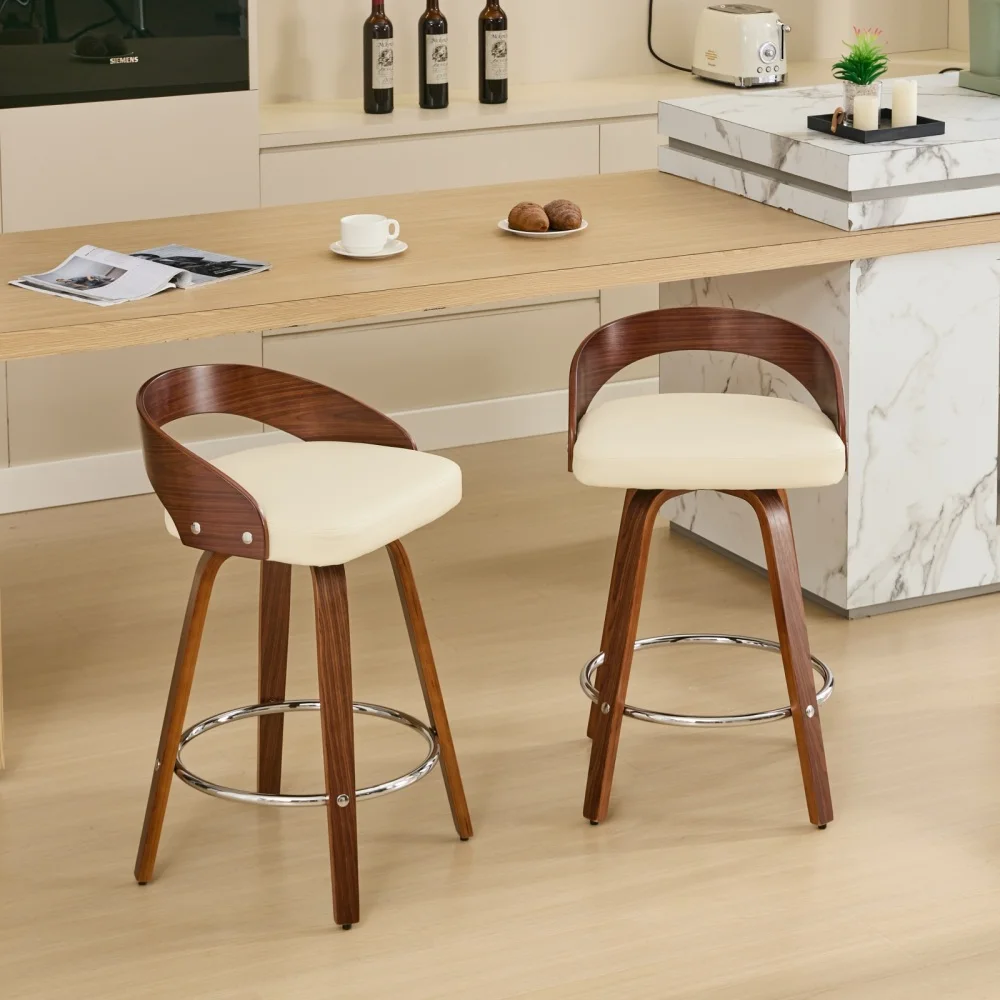 2pcs Swivel Bar Height Stools with Low Back, Wood Bar Chairs with Soft Cushion Seat, 25-Inch Seat Height 25