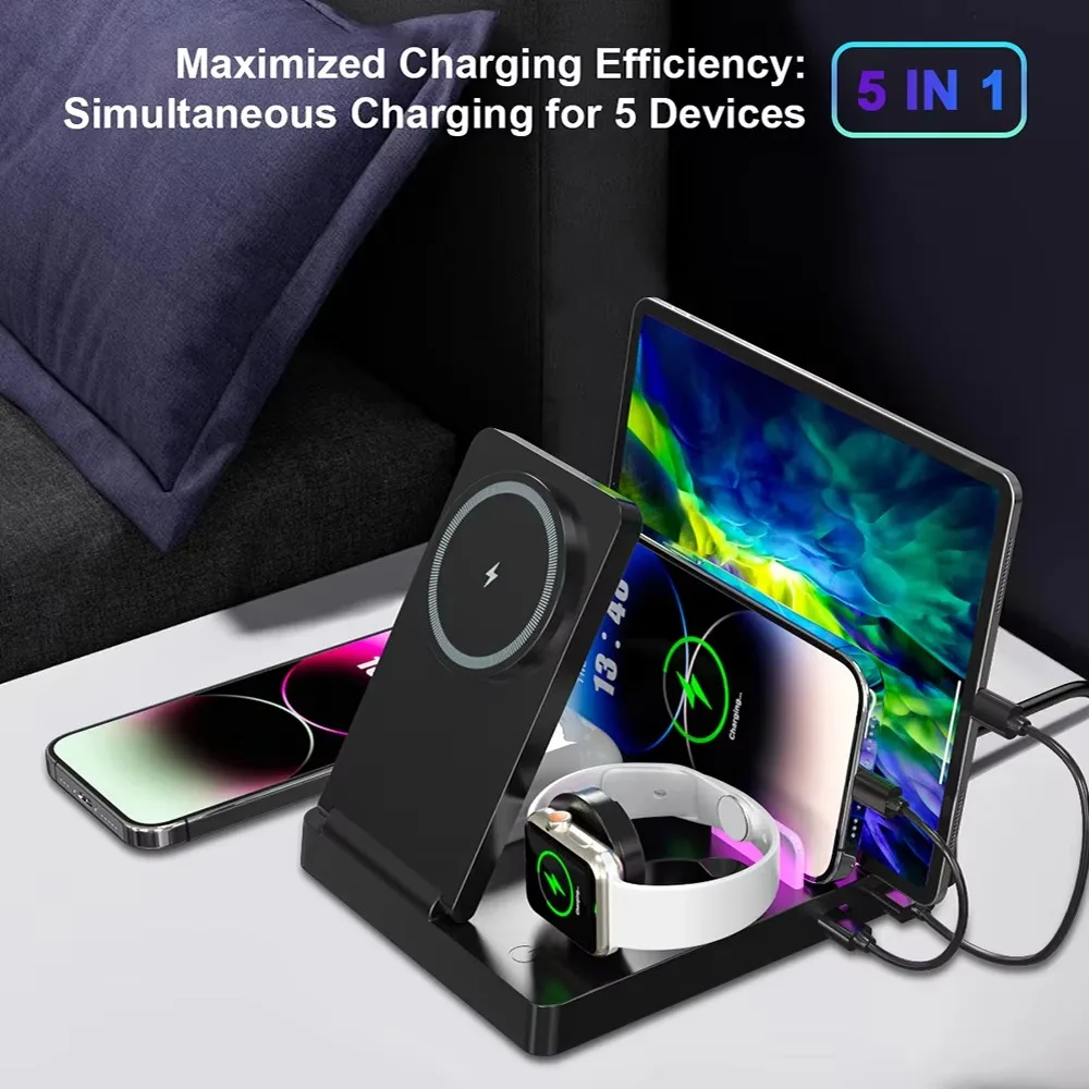 5-in-1 Folding Wireless Charger Fast Charging Station for iPad & iPhone Compatible with iWatch AirPods and All Smartphones