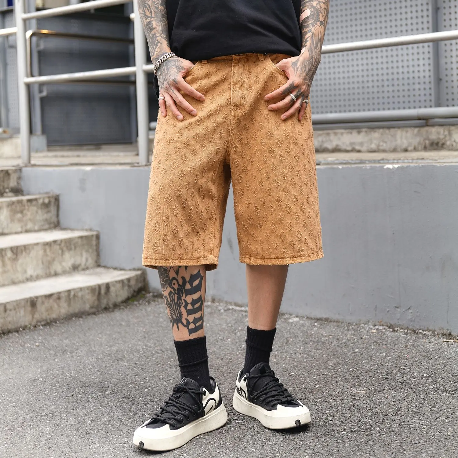 

American High Street Denim Shorts For Men Baggy Fit Loosen Wide Leg Pants Male
