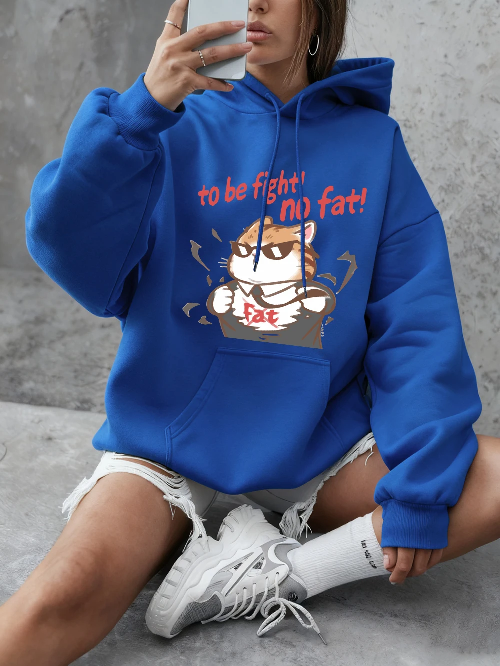 

Толстовки с принтом Cool Fight Fat Cat, женские зимние флисовые теплые толстовки, базовый пуловер с круглым вырезом, повседневные свободные удобные топы