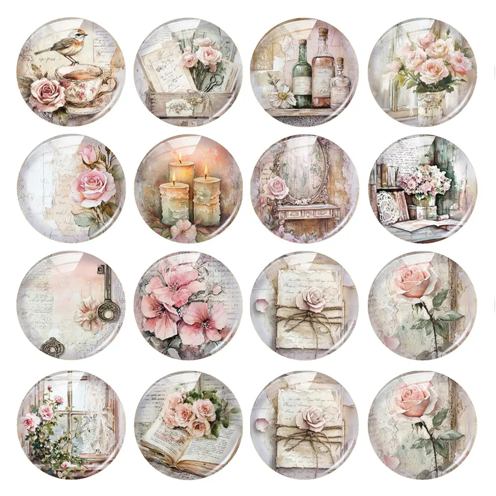 Random Mixed Round/Oval/Square French Vintage Cottagecore Rose Photo Glass Cabochon Flatback Demo Cameo For Diy Jewelry Making