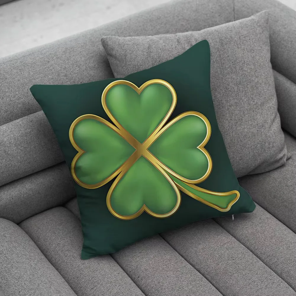 Lucky Four Leaf Clover Double Sided Cushion Cover, Soft Polyester Pillow Case for Farmhouse Sofa Decor Home Protector Gift