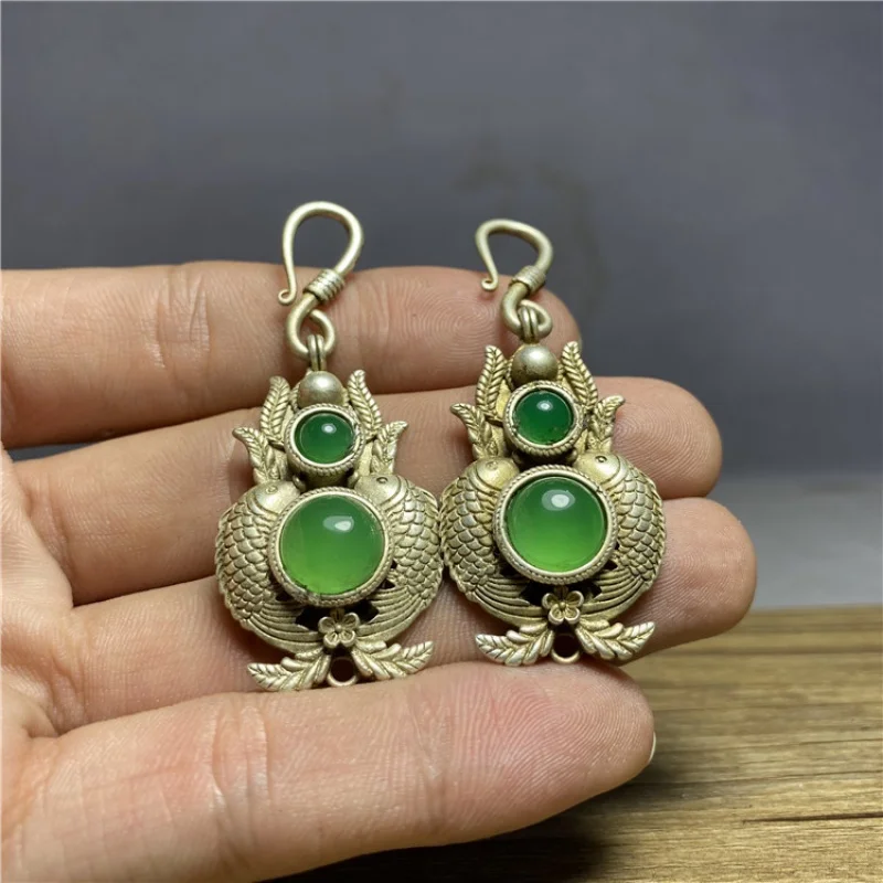 

Antique Collection Qing Dynasty Old Jadeite Jade Ice-like Egg Noodles Ring Gem Old Silver Inlaid Earrings Eardrops Pure Silver E