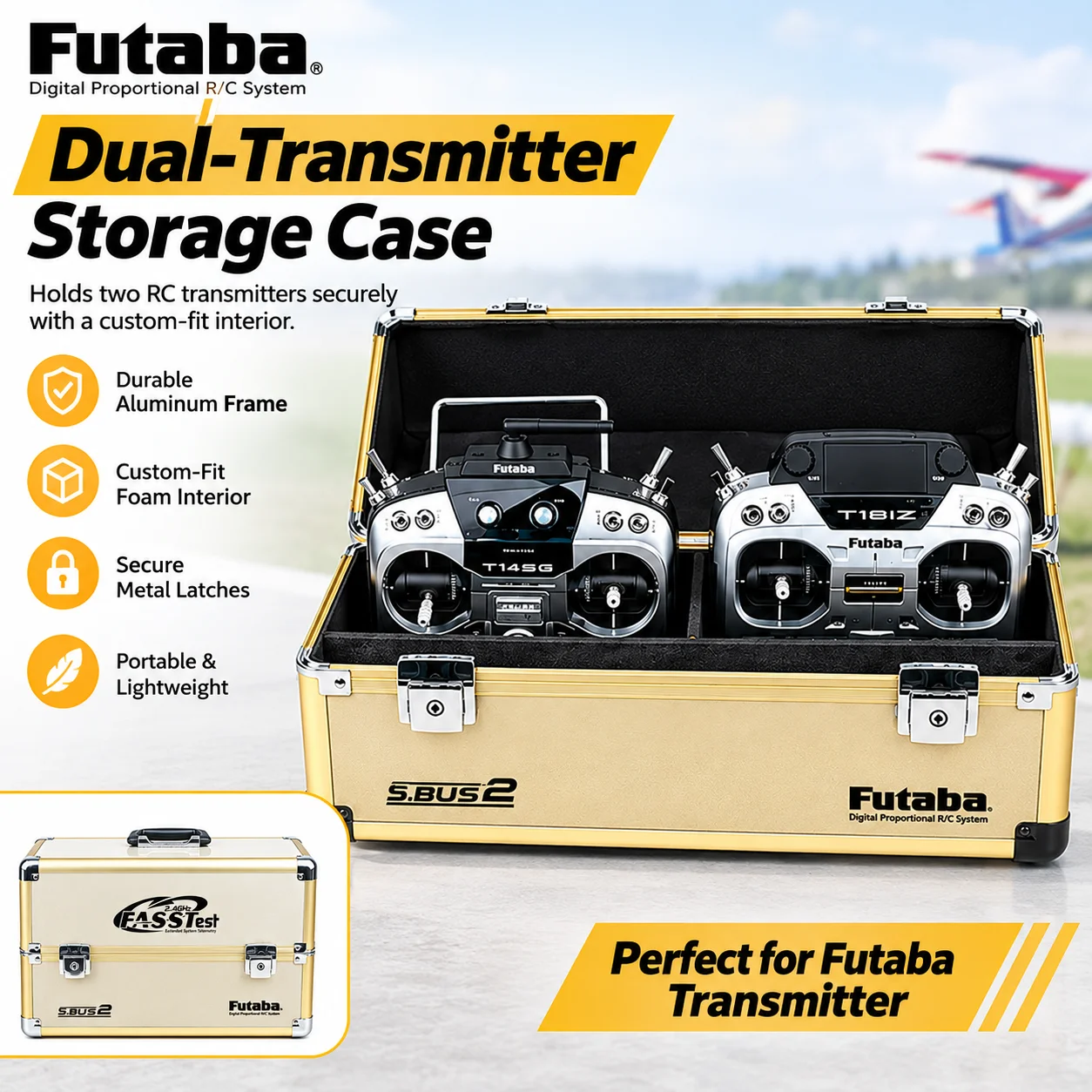 Aluminum RC Transmitter Case Dual Controller Box for Futaba WFLY, 440x195x260mm Portable Hard Carrying Case